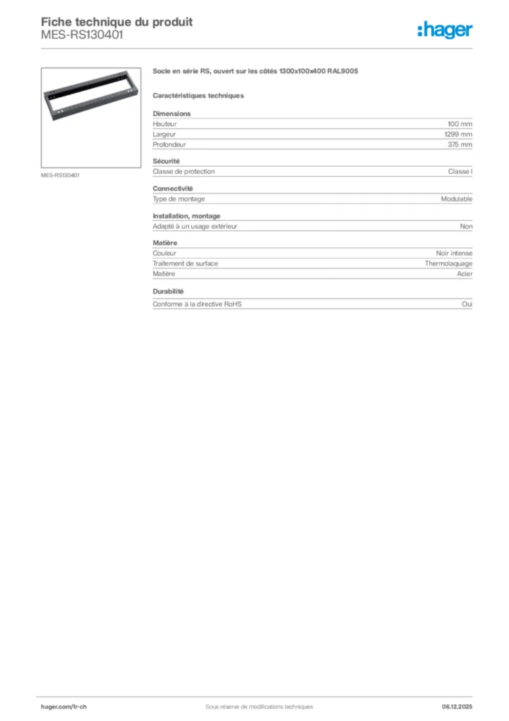 Image Hager Fiche technique du produit MES-RS130401 | Hager Suisse