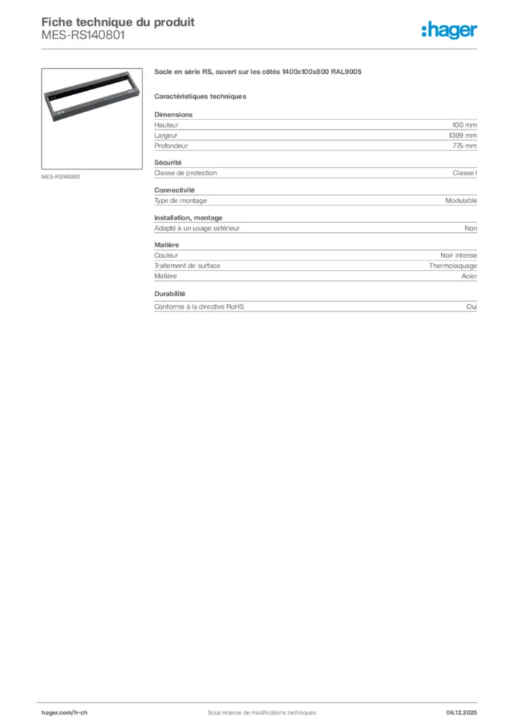 Image Hager Fiche technique du produit MES-RS140801 | Hager Suisse