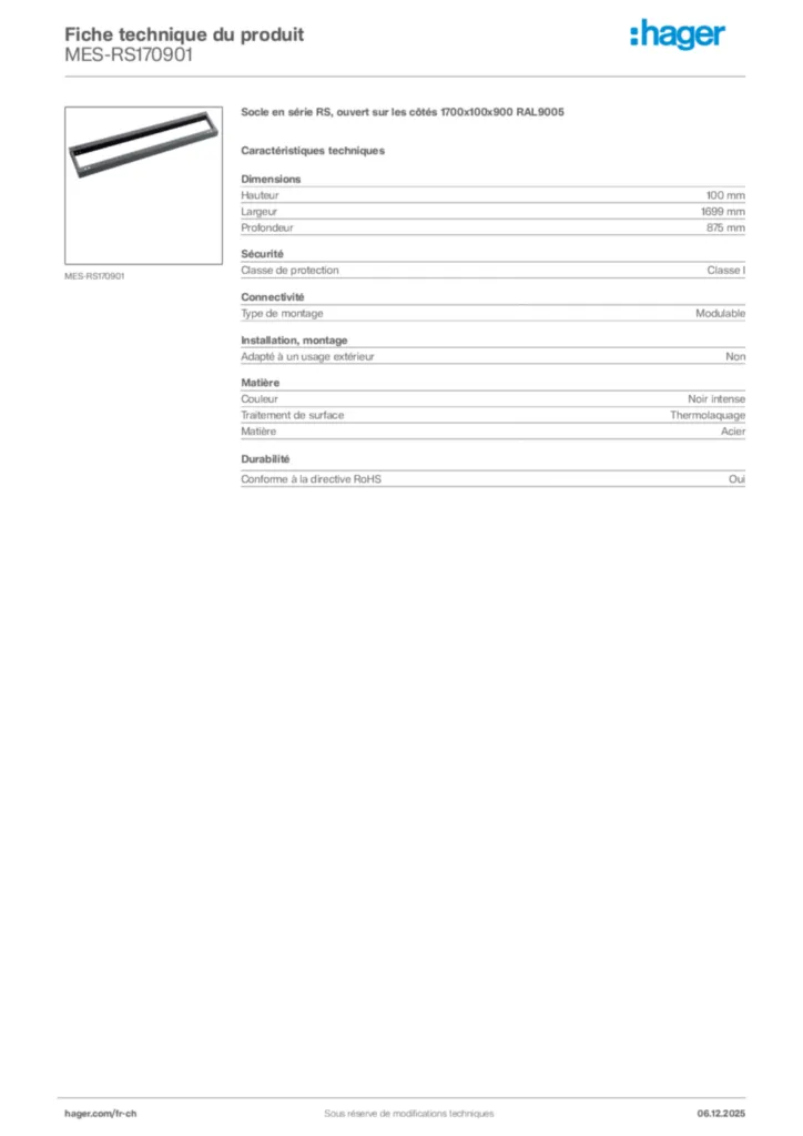 Image Hager Fiche technique du produit MES-RS170901 | Hager Suisse