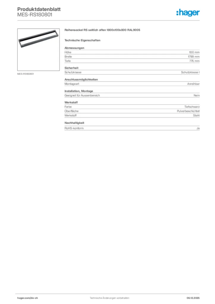 Bild Hager Produktdatenblatt MES-RS180801 | Hager Schweiz