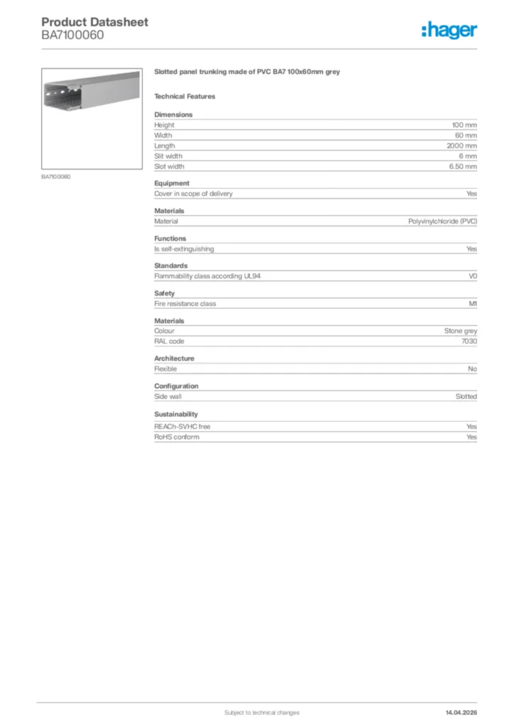Image Hager Product data sheet BA7100060  | Hager Africa