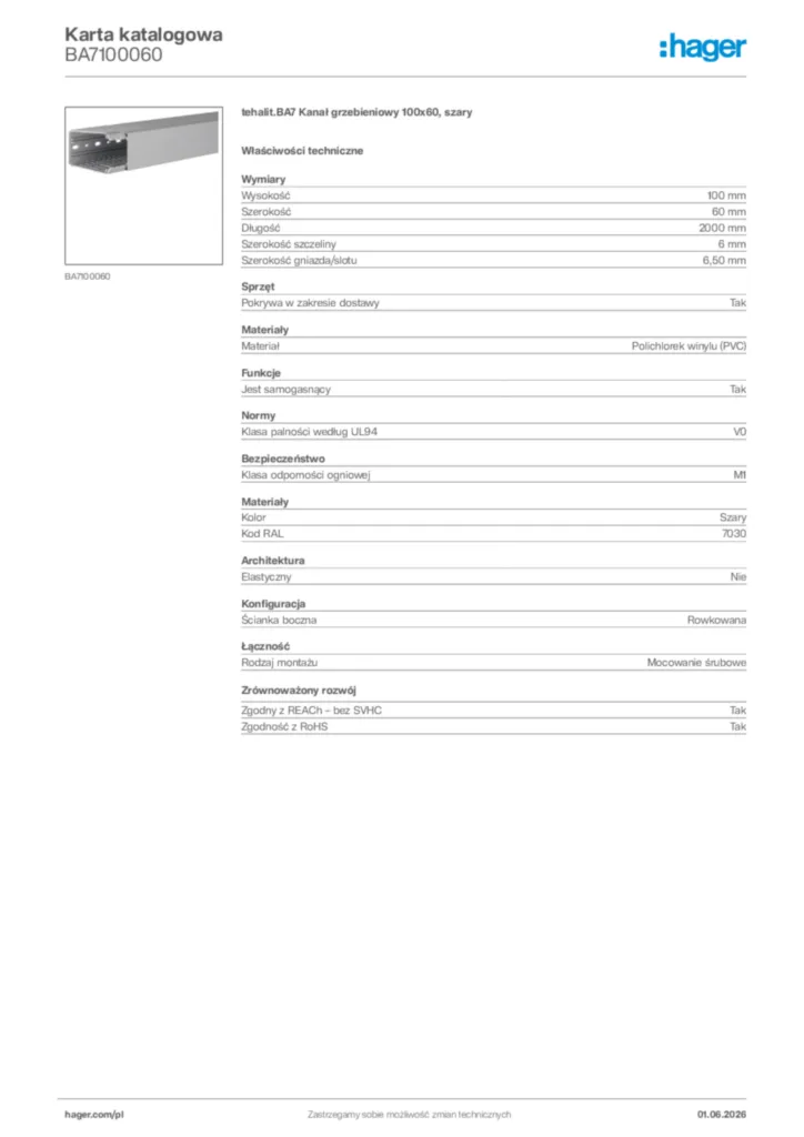 Zdjęcie Hager Karta katalogowa BA7100060 | Hager Polska
