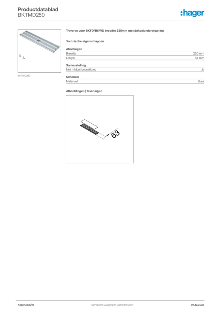 Afbeelding Hager Productdatablad BKTMD250 | Hager Nederland