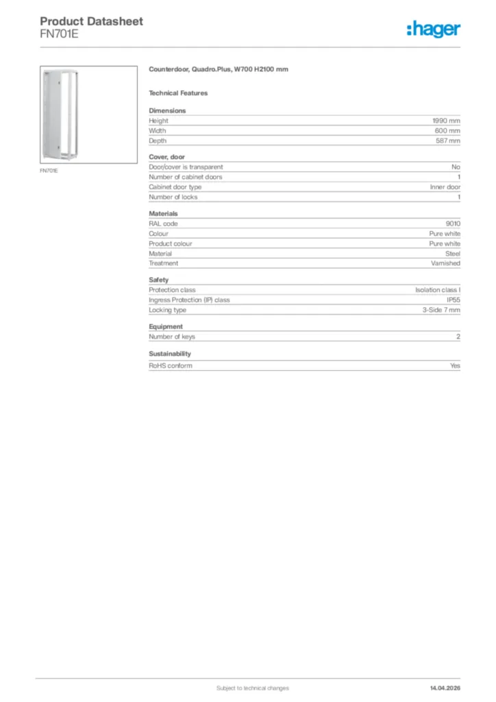 Image Hager Product data sheet FN701E  | Hager Africa