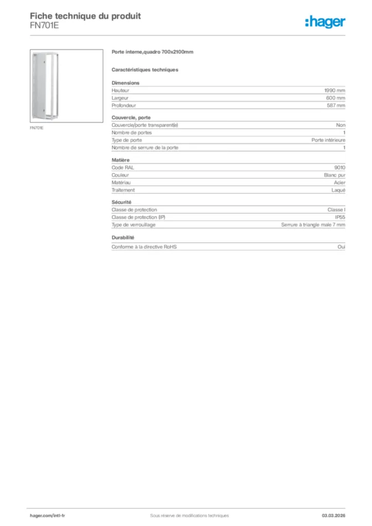 Image Hager Fiche technique du produit FN701E | Hager Afrique