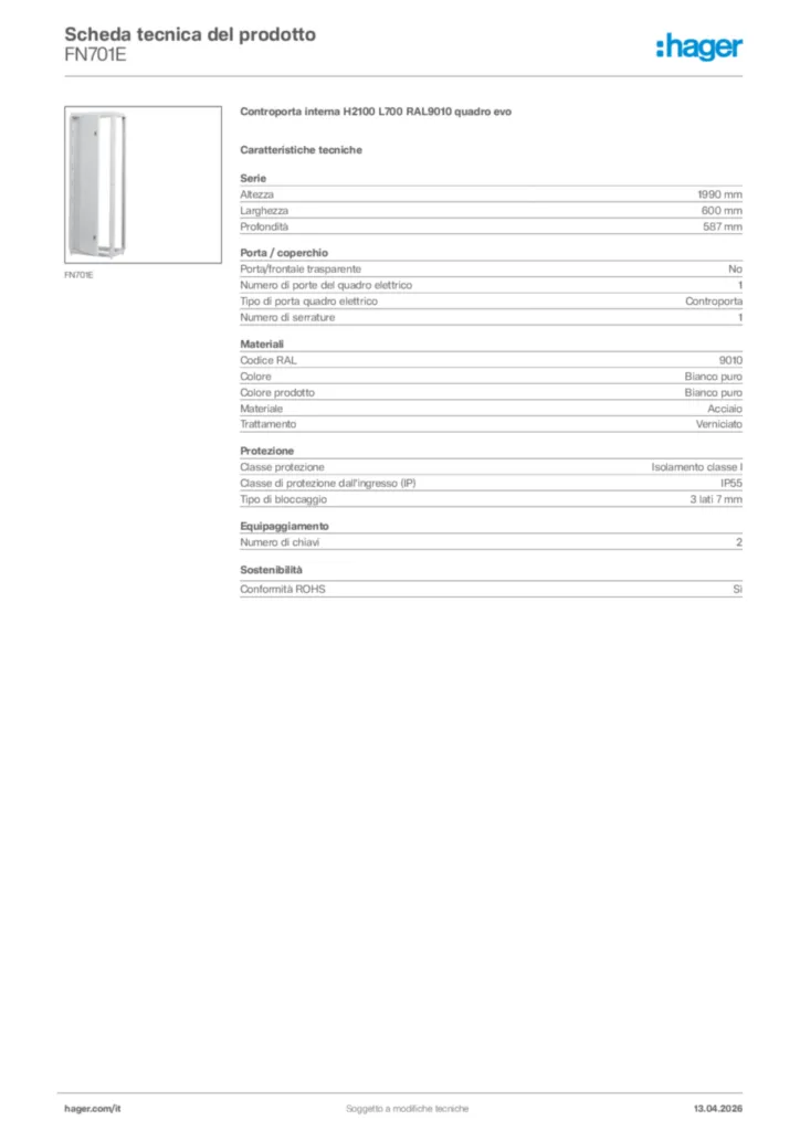 Immagine Hager Scheda tecnica del prodotto FN701E | Hager Italia