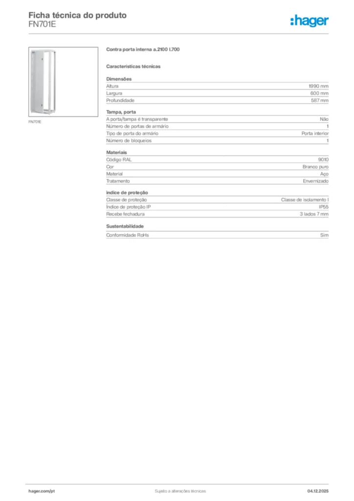 Imagem Hager Ficha técnica do produto FN701E | Hager Portugal