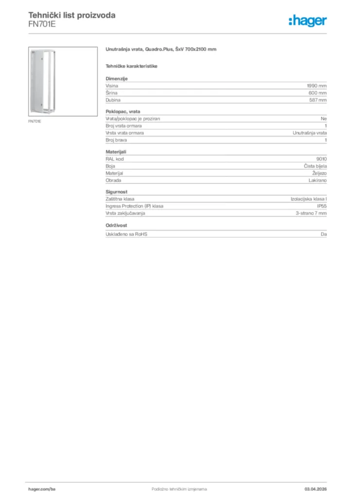Slika Hager Tehnički list proizvoda FN701E  | Hager