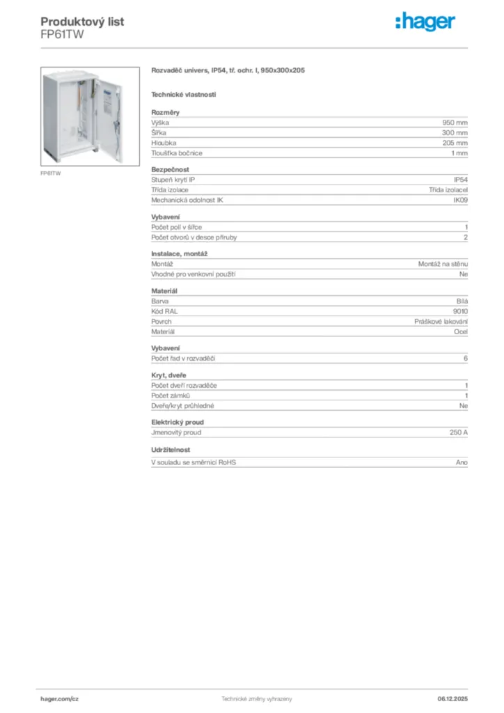 Obrázek Hager Product data sheet FP61TW | Hager