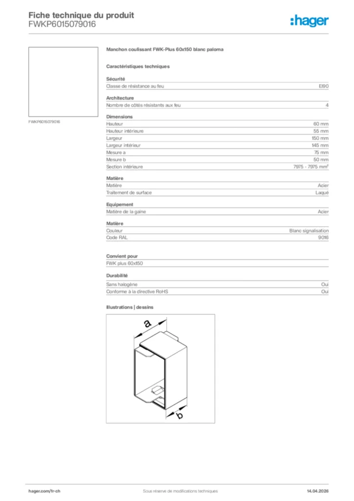 Image Hager Fiche technique du produit FWKP6015079016 | Hager Suisse