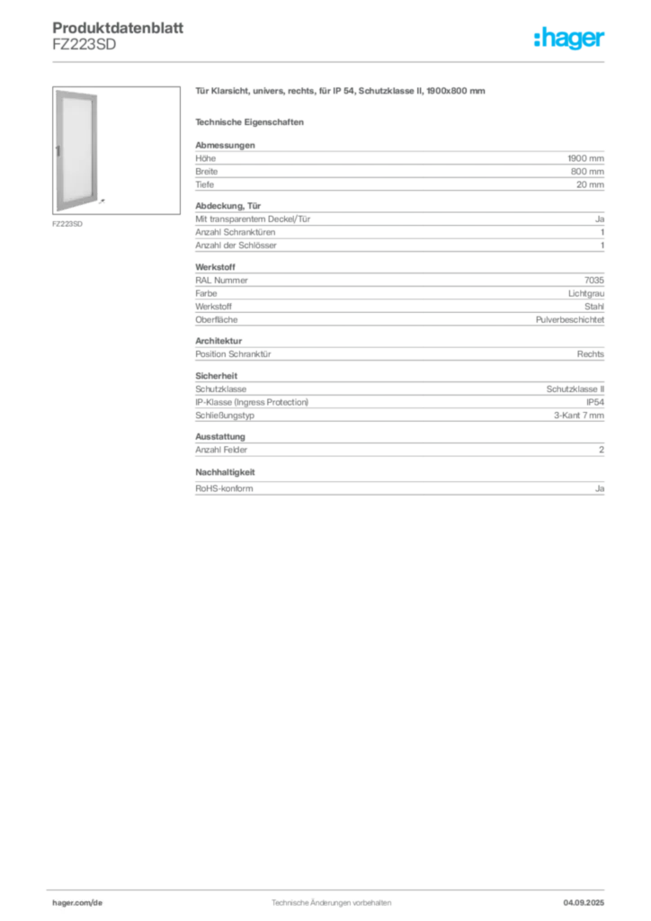 Bild Hager Produktdatenblatt FZ223SD | Hager Deutschland