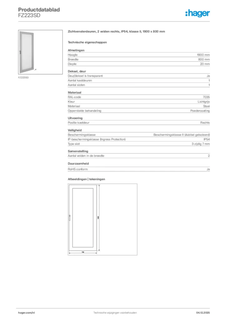 Afbeelding Hager Productdatablad FZ223SD | Hager Nederland