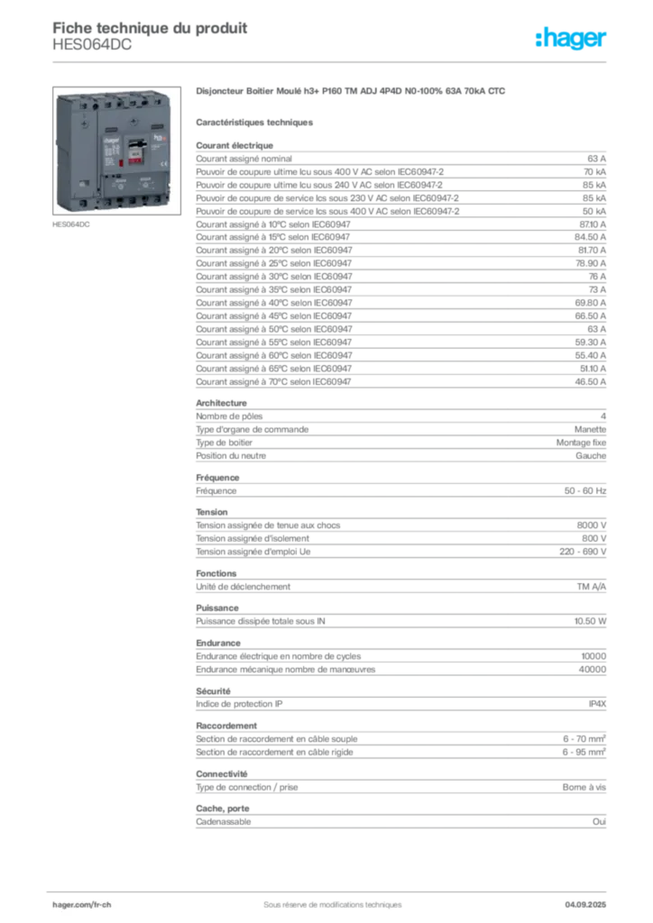 Image Hager Fiche technique du produit HES064DC | Hager Suisse