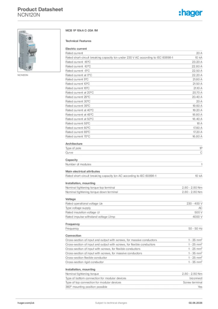 Image Hager Product data sheet NCN120N  | Hager
