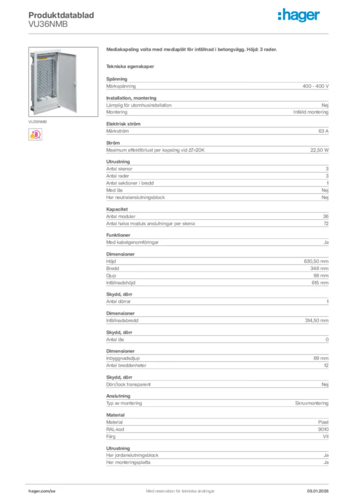 Bild Hager Produktdatablad VU36NMB | Hager Sverige