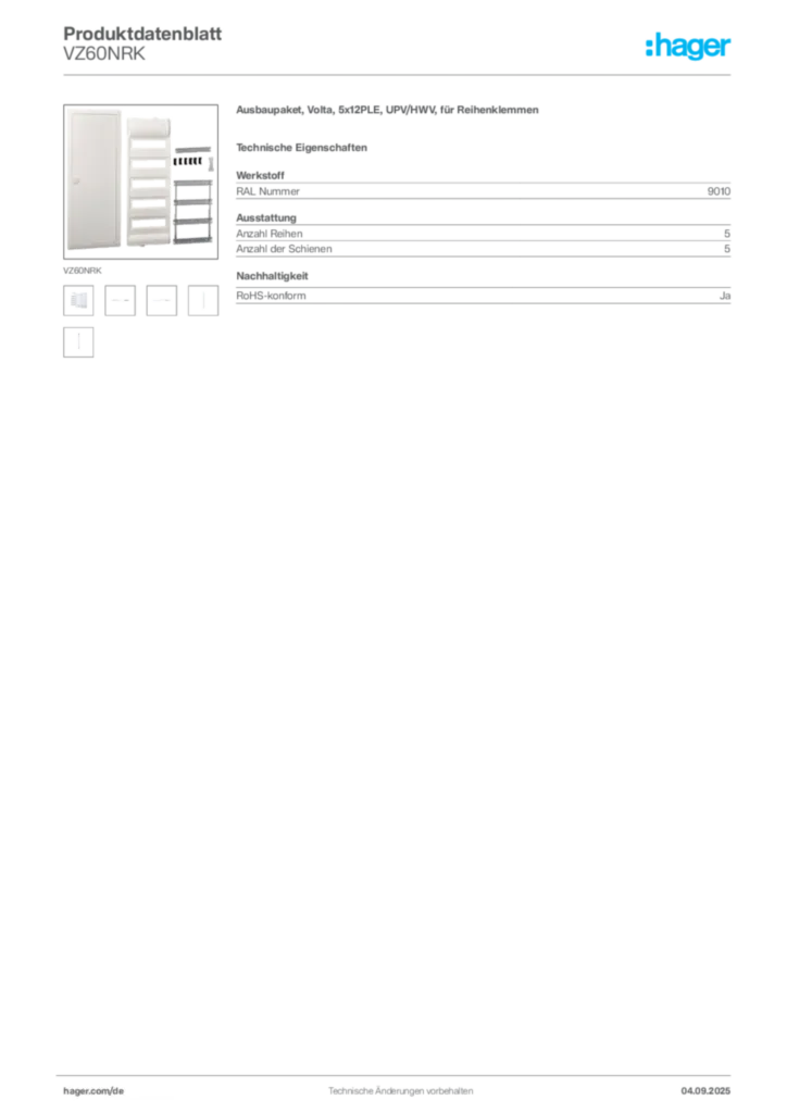 Bild Hager Produktdatenblatt VZ60NRK | Hager Deutschland
