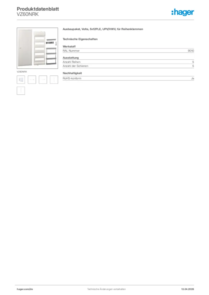 Bild Hager Produktdatenblatt VZ60NRK | Hager Deutschland