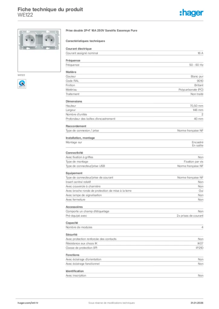 Image Hager Fiche technique du produit WE122 | Hager Afrique