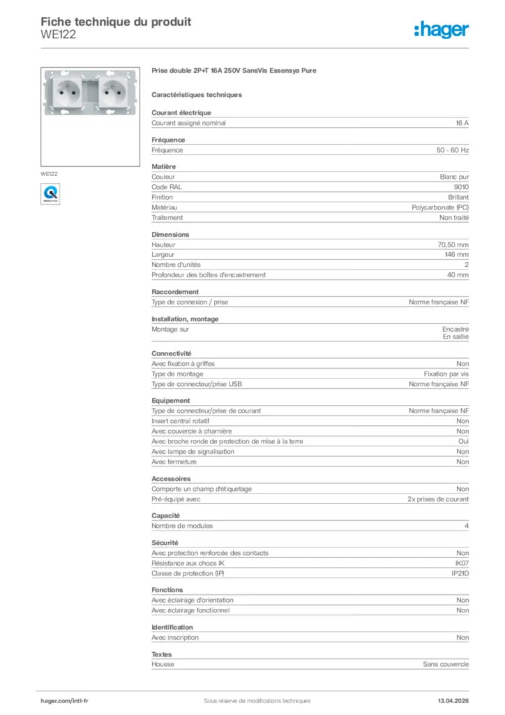 Image Hager Fiche technique du produit WE122 | Hager Afrique