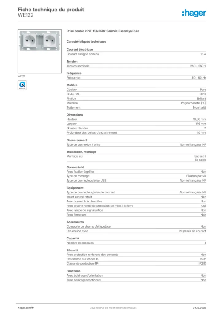 Image Hager Fiche technique du produit WE122 | Hager France