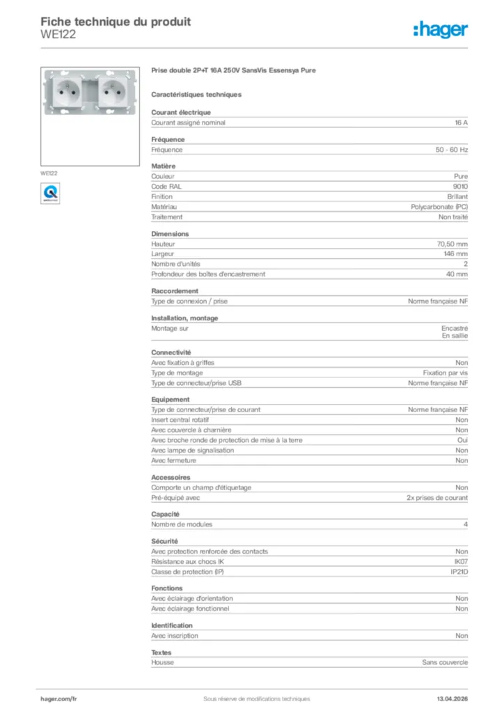 Image Hager Fiche technique du produit WE122 | Hager France