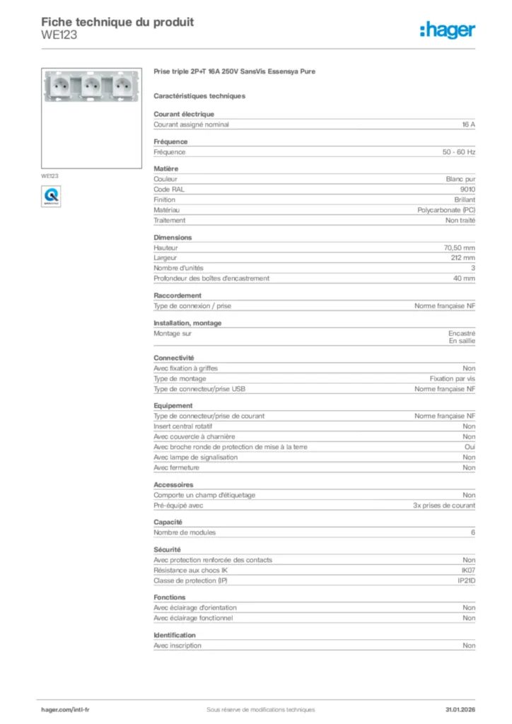 Image Hager Fiche technique du produit WE123 | Hager Afrique