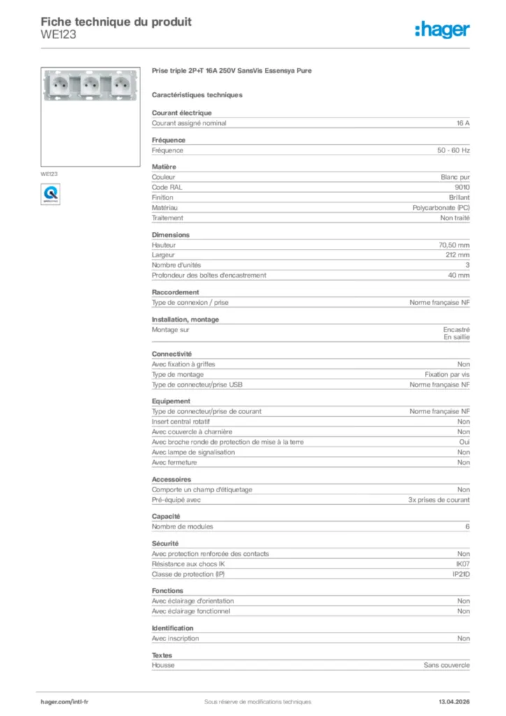 Image Hager Fiche technique du produit WE123 | Hager Afrique