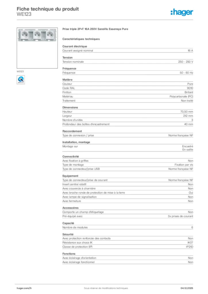 Image Hager Fiche technique du produit WE123 | Hager France