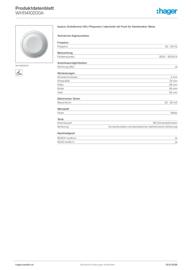 Bild Hager Produktdatenblatt WH11410200A | Hager Schweiz