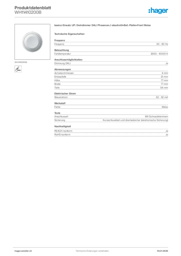 Bild Hager Produktdatenblatt WH11410200B | Hager Schweiz