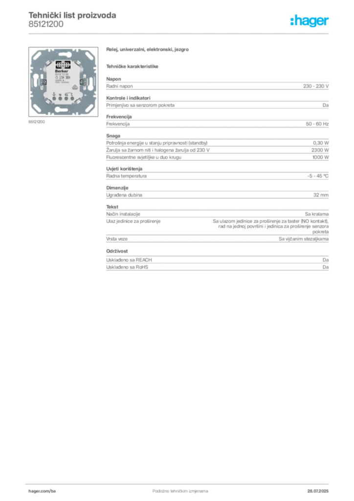 Slika Hager Product data sheet 85121200  | Hager