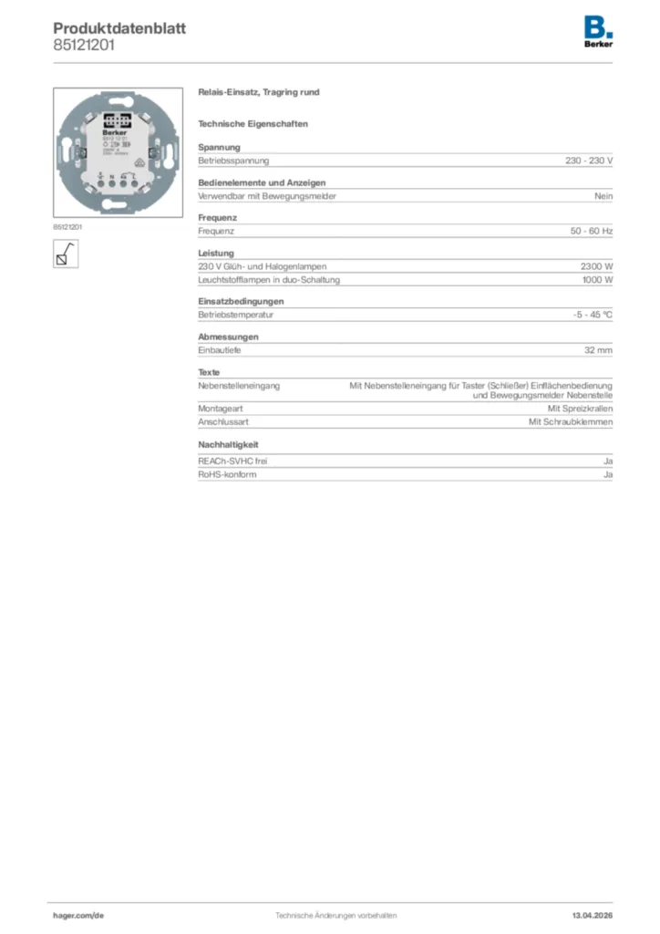 Bild Berker Produktdatenblatt 85121201 | Hager Deutschland