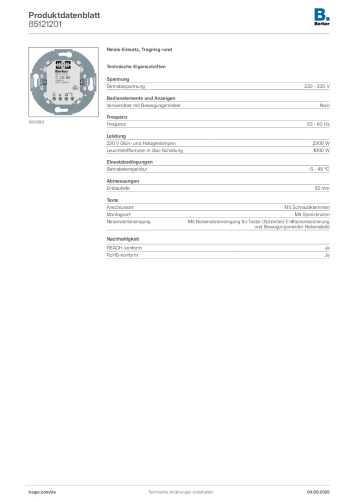 Bild Berker Produktdatenblatt 85121201 | Hager Deutschland