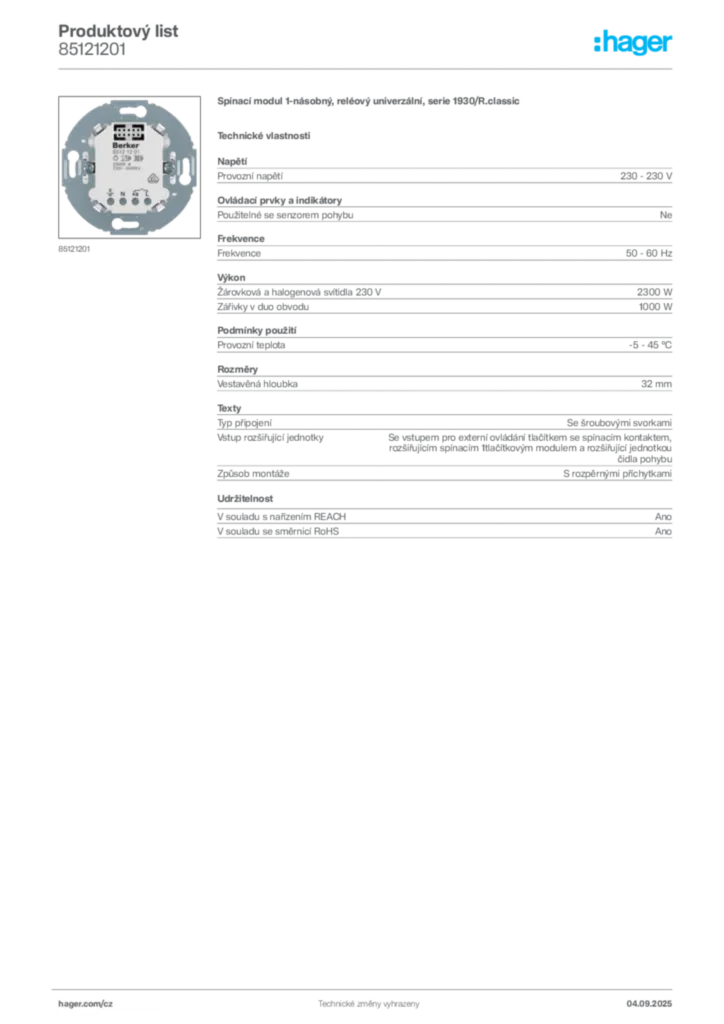 Obrázek Hager Produktový list 85121201 | Hager