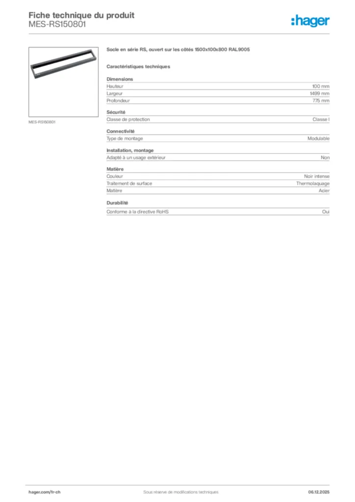 Image Hager Fiche technique du produit MES-RS150801 | Hager Suisse