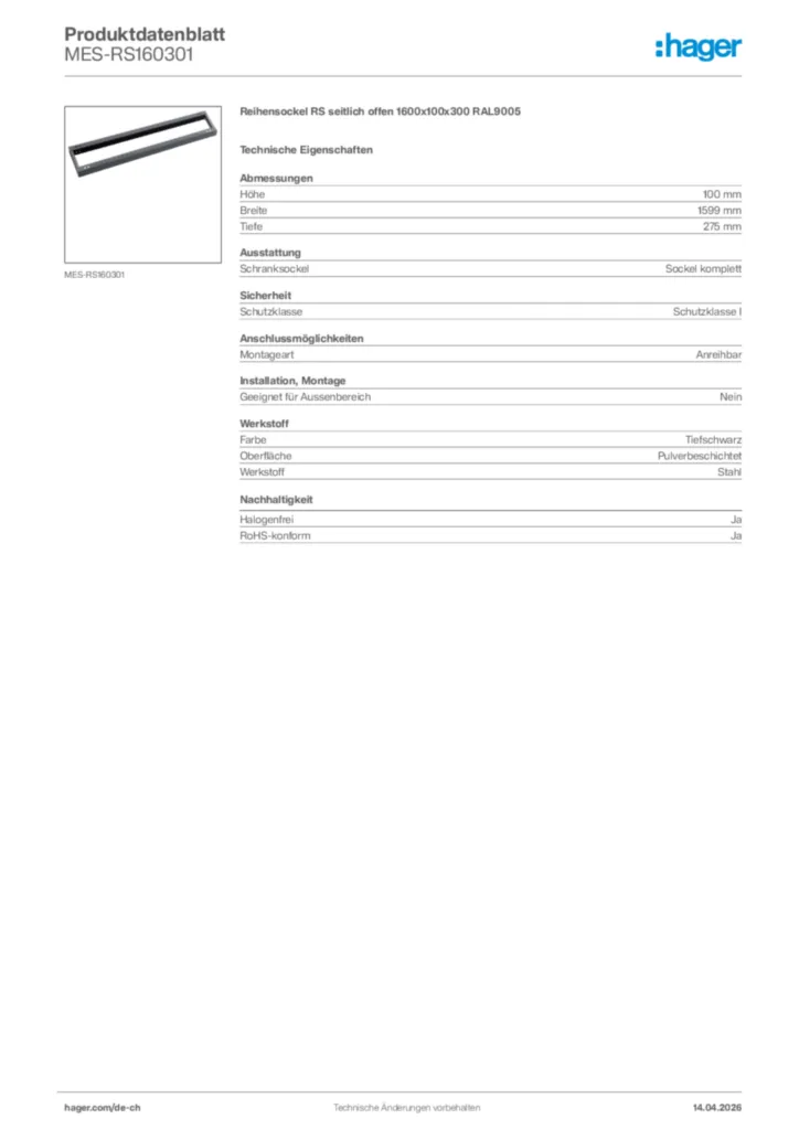 Bild Hager Produktdatenblatt MES-RS160301 | Hager Schweiz