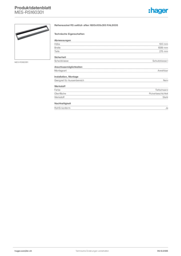 Bild Hager Produktdatenblatt MES-RS160301 | Hager Schweiz