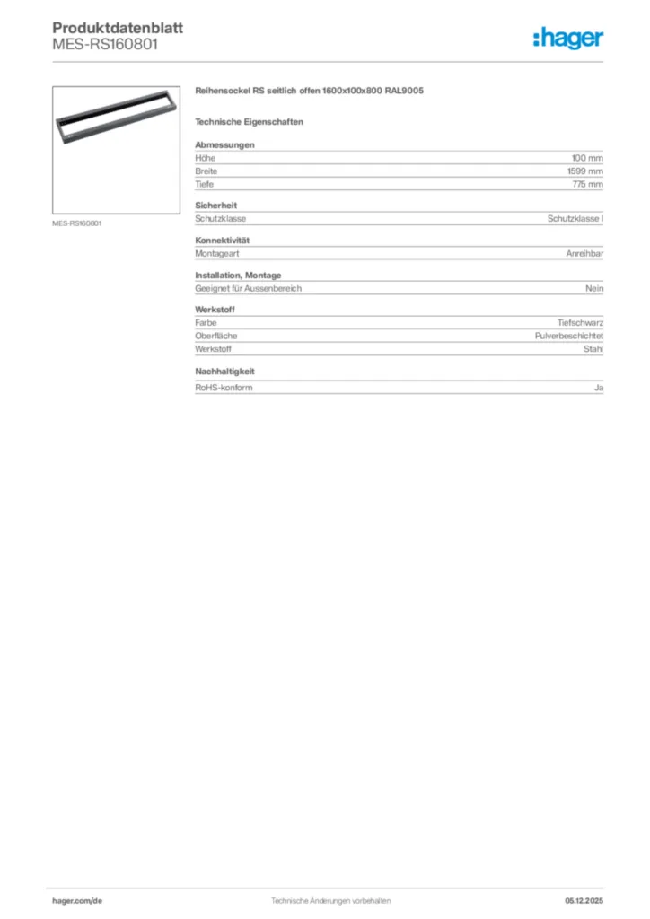 Bild Hager Produktdatenblatt MES-RS160801 | Hager Deutschland