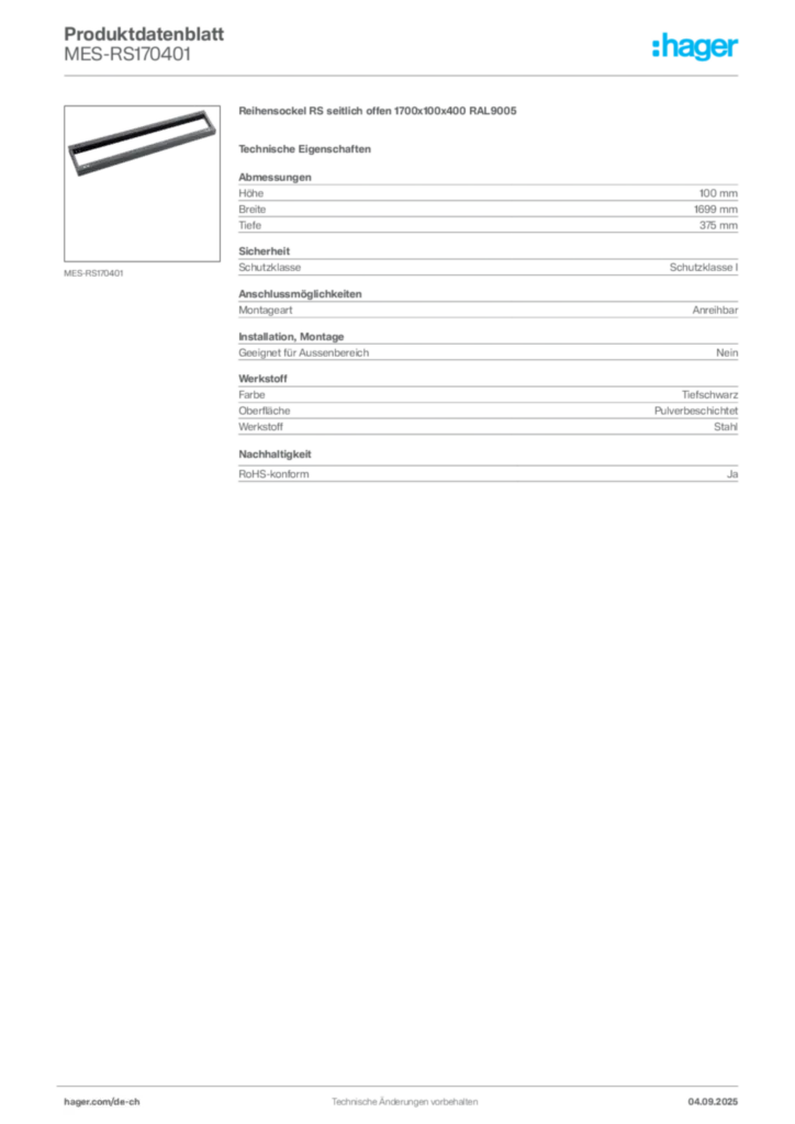 Bild Hager Produktdatenblatt MES-RS170401 | Hager Schweiz