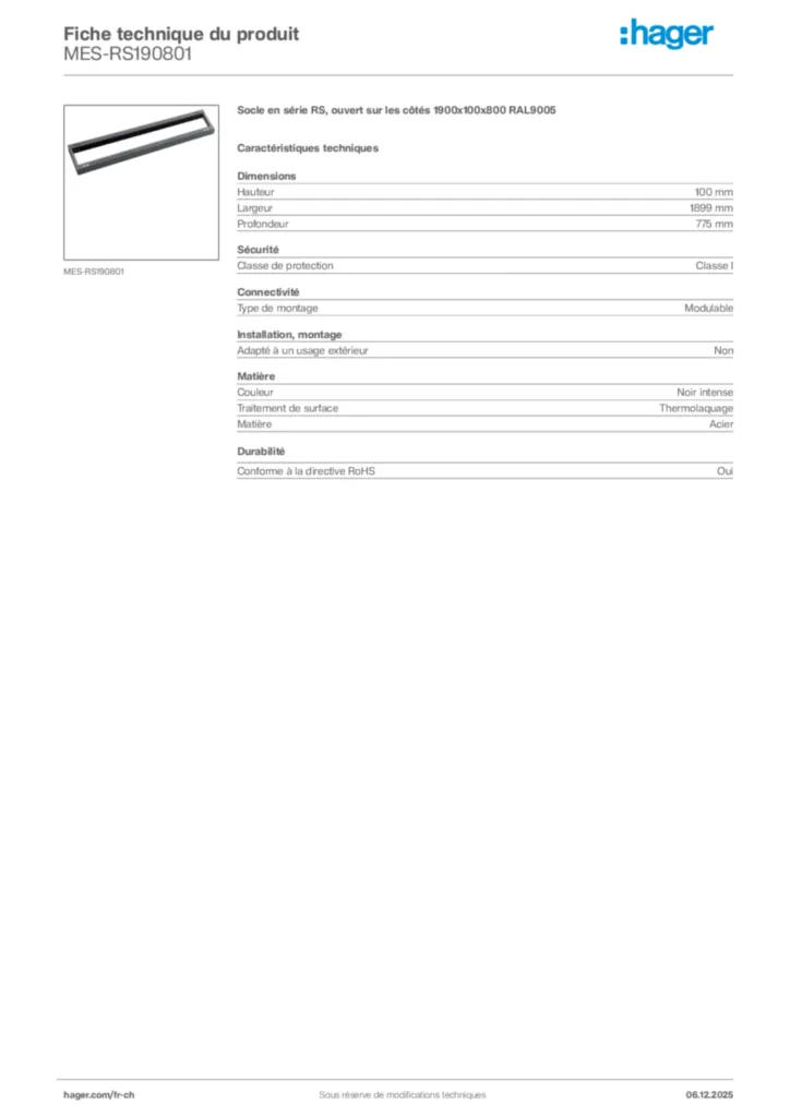 Image Hager Fiche technique du produit MES-RS190801 | Hager Suisse