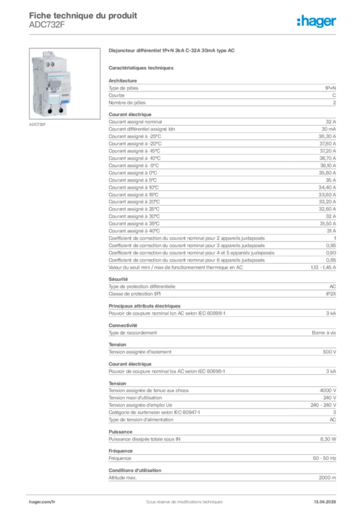 Image Hager Fiche technique du produit ADC732F | Hager France