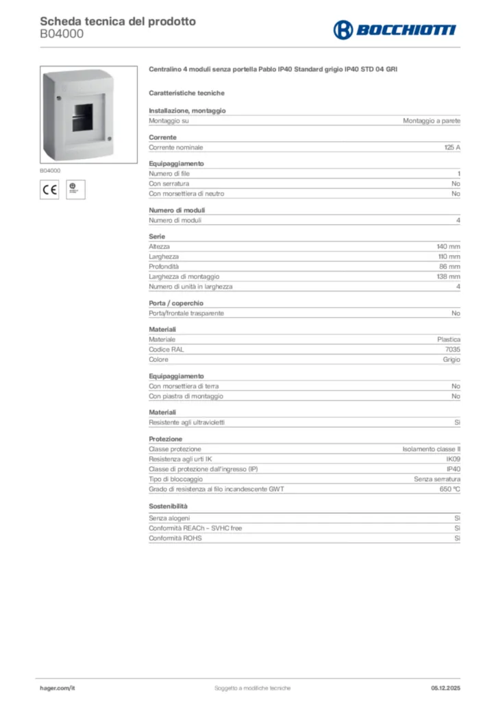 Immagine Bocchiotti Scheda tecnica del prodotto B04000 | Hager Italia