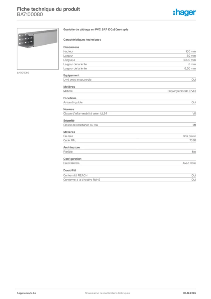 Image Hager Fiche technique du produit BA7100080 | Hager Belgique