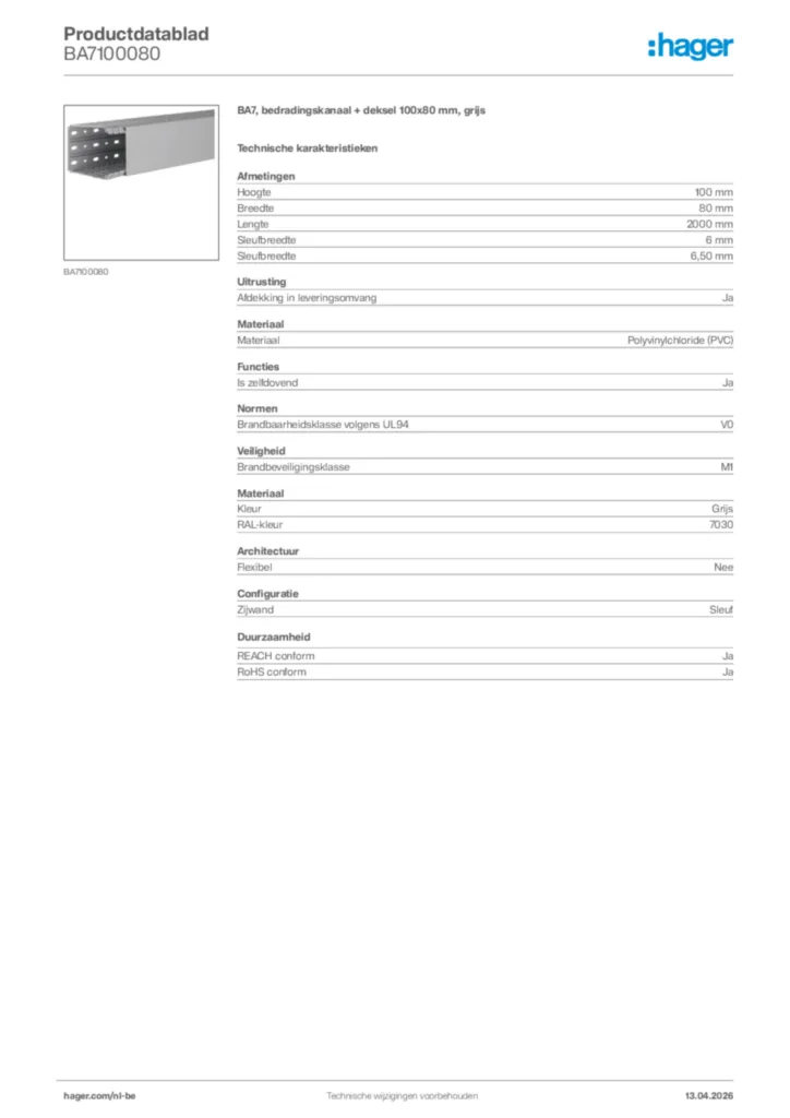 Afbeelding Hager Productdatablad BA7100080 | Hager Belgium