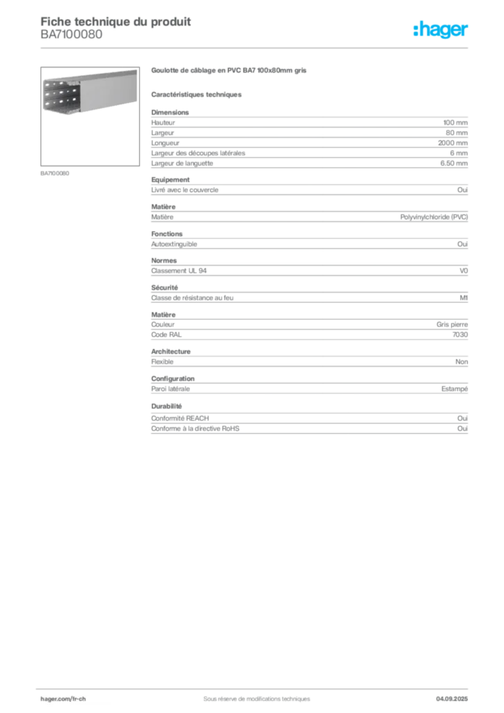 Image Hager Fiche technique du produit BA7100080 | Hager Suisse