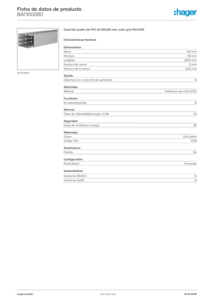 Imagen Hager Ficha de datos de producto BA7100080 | Hager España