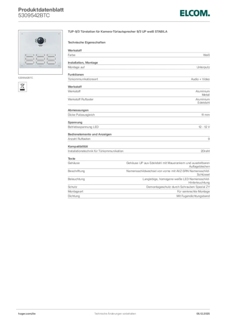Bild Elcom Produktdatenblatt 5309542BTC | Hager Deutschland