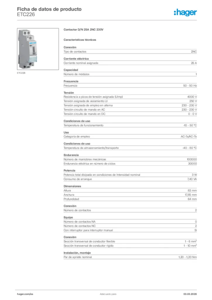 Imagen Hager Ficha de datos de producto ETC226 | Hager España