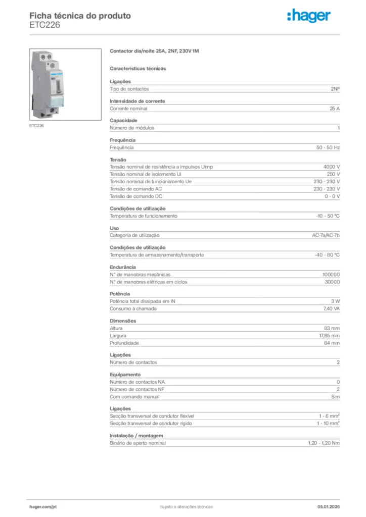 Imagem Hager Ficha técnica do produto ETC226 | Hager Portugal
