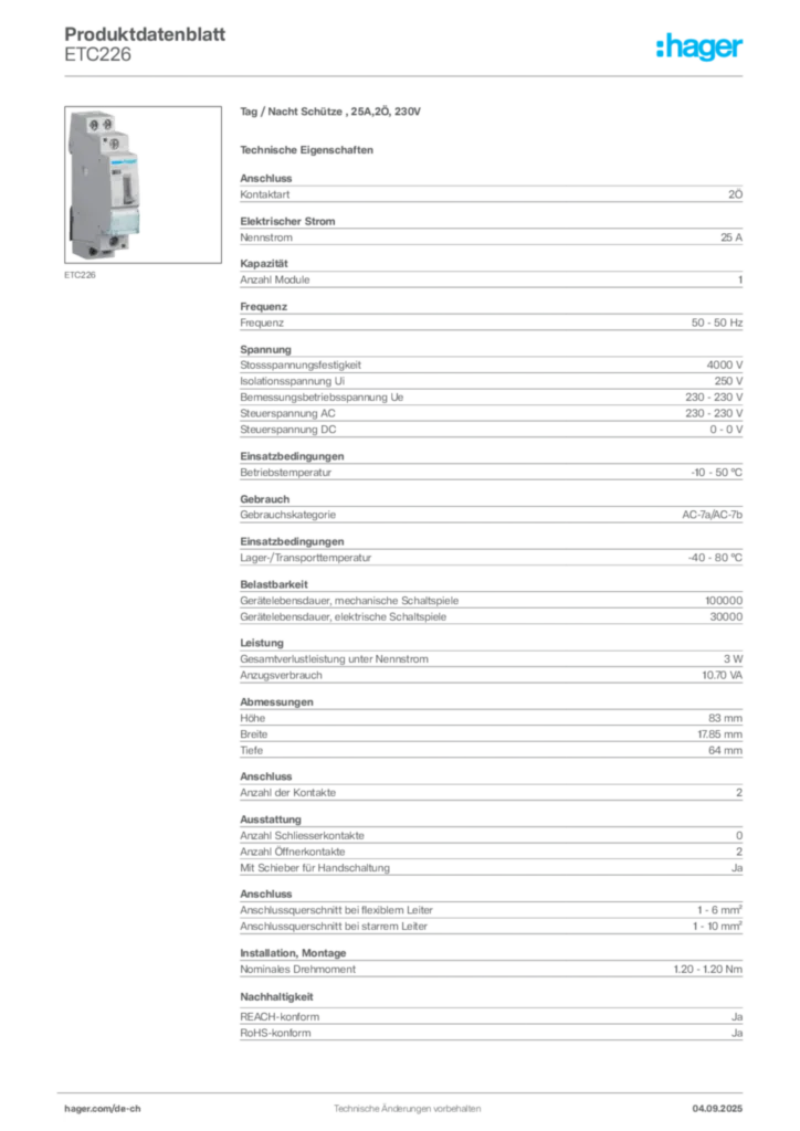 Bild Hager Produktdatenblatt ETC226 | Hager Schweiz